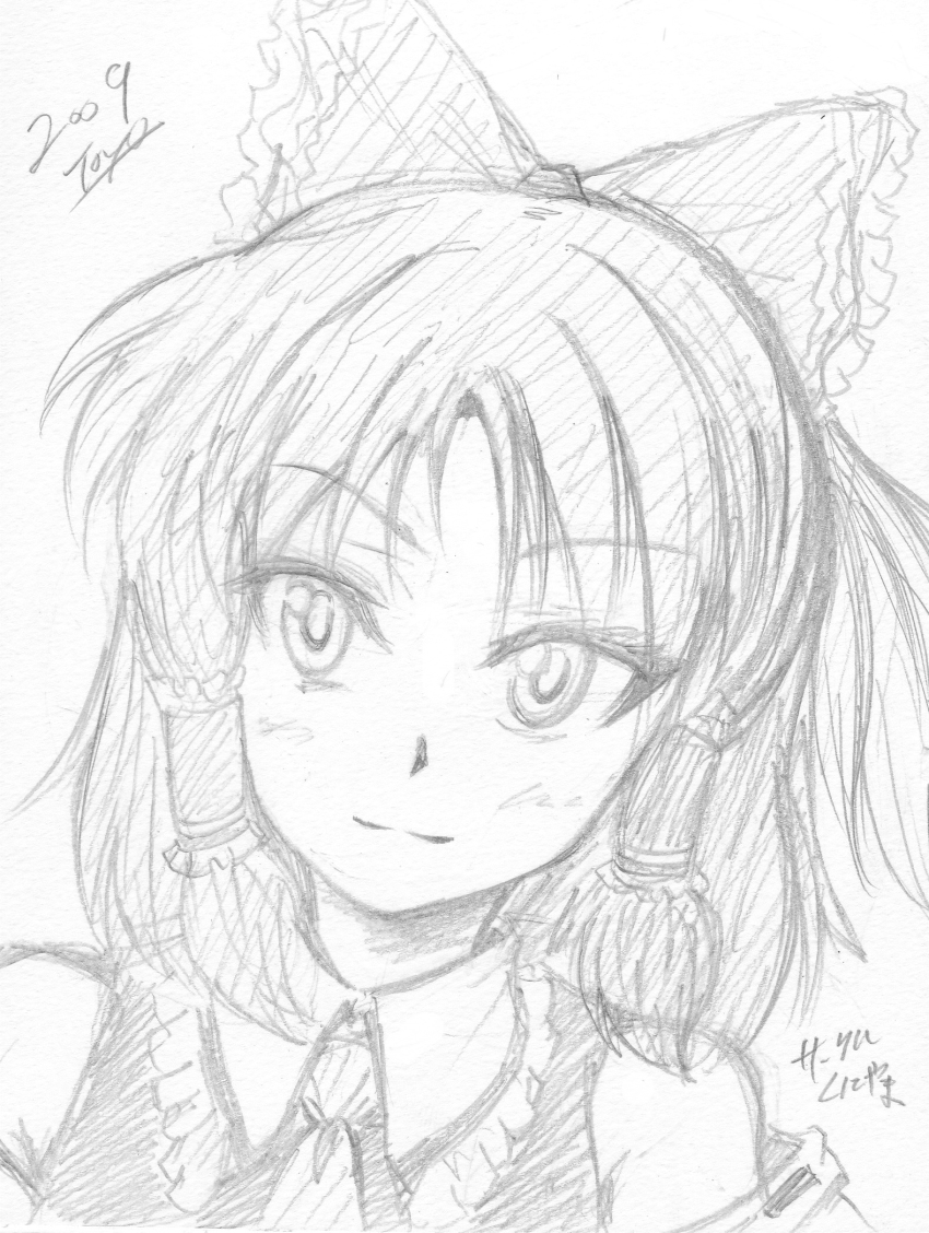 1girl, female_focus, greyscale, hakurei_reimu, highres, monochrome, pale_color, sketch