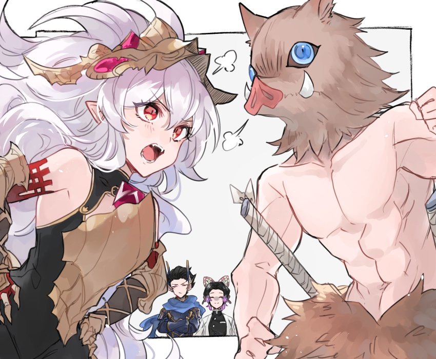 2boys, 2girls, arguing, boar_mask, crossed_arms, crossover, fangs, granblue_fantasy, hands_on_own_hips, hashibira_inosuke, highres, katana, kimetsu_no_yaiba, kochou_shinobu, long_hair, medusa_(shingeki_no_bahamut), multiple_boys, multiple_girls, nezha_(granblue_fantasy), red_eyes, scarf, shaded_face, sword, topless_male, very_long_hair, weapon, yakota_(usuk-yako)