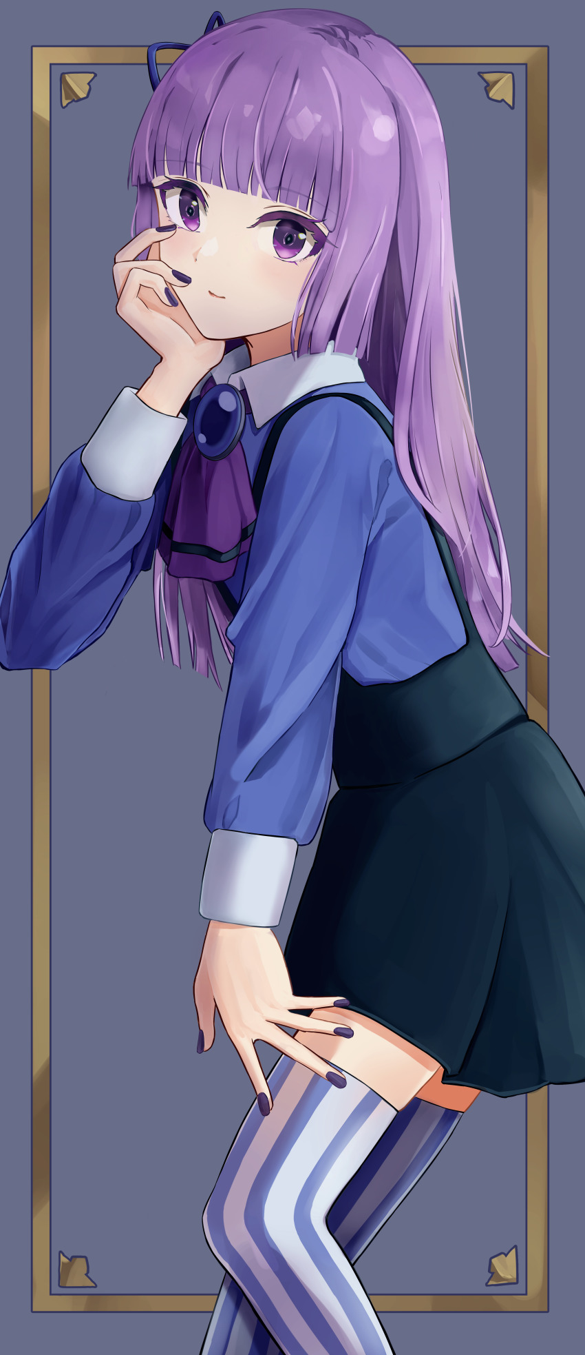 1girl, absurdres, aikatsu!, aikatsu!_(series), black_nails, blunt_bangs, grey_background, hair_ribbon, hand_on_face, highres, hikami_sumire, leaning_forward, long_hair, long_sleeves, looking_at_viewer, nail_polish, open_mouth, purple_eyes, purple_hair, ribbon, school_uniform, smile, striped_clothes, striped_thighhighs, temple_circle, thighhighs