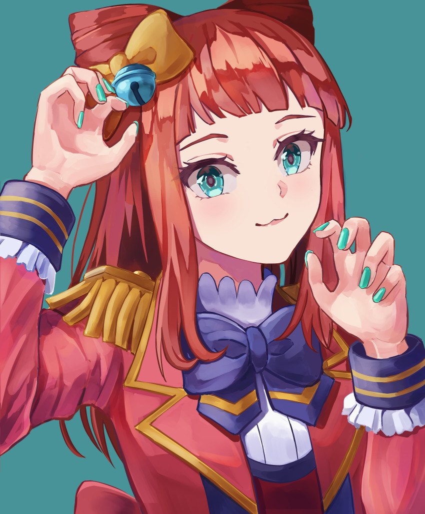 1girl, :3, absurdres, aikatsu!_(series), aikatsu_stars!, aqua_background, aqua_eyes, bell