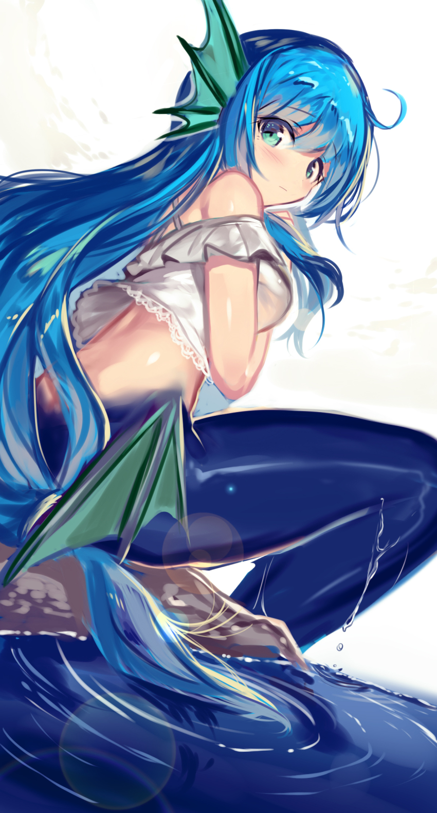 1girl, ahoge, aqua_eyes, bare_shoulders, blue_hair, breasts, closed_mouth, dutch_angle
