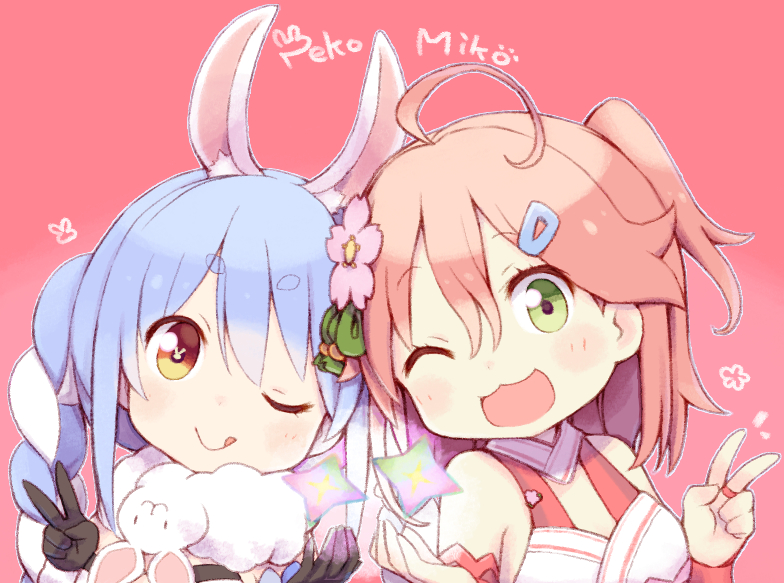 2girls, :3, :d, ;q, ahoge, animal_ear_fluff, animal_ears, armband, bare_shoulders, black_gloves, blue_hair, blush, braid, breasts, cleavage, closed_mouth, commentary, commentary_request, don-chan_(usada_pekora), flower, gloves, green_eyes, hair_between_eyes, hair_flower, hair_ornament, hairclip, head, hololive, kuro_(kuroneko_no_kanzume), long_braid, long_hair, looking_at_viewer, medium_hair, minecraft, multicolored_hair, multiple_girls, nether_star, nontraditional_miko, one_eye_closed, one_side_up, open_mouth, orange_eyes, outline, pink_background, pink_hair, rabbit_ears, rabbit_girl, sakura_miko, sakura_miko_(old_design), simple_background, smile, untranslatable_commentary, symbol_in_eye, tongue, tongue_out, two-tone_hair, upper_body, usada_pekora, usada_pekora_(1st_costume), v, virtual_youtuber, white_outline
