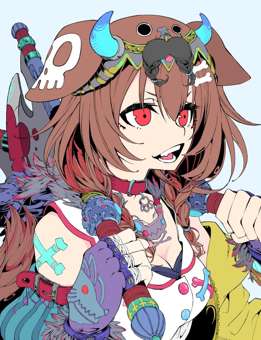 1girl, animal_collar, animal_ears, assassin's_creed:_valhalla, axe, bone_hair_ornament, breasts, cape