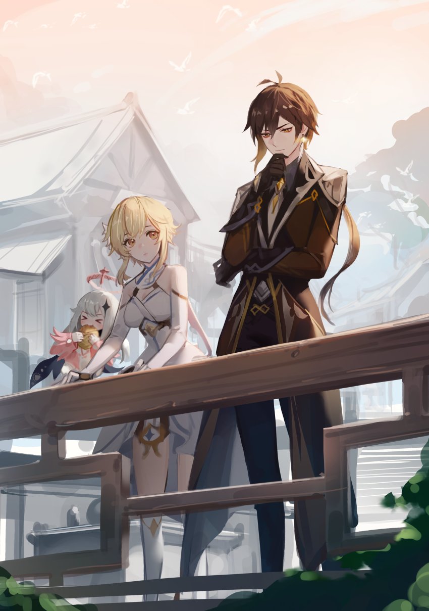 0jae, 1boy, 2girls, absurdres, bare_shoulders, black_gloves, blonde_hair, bread