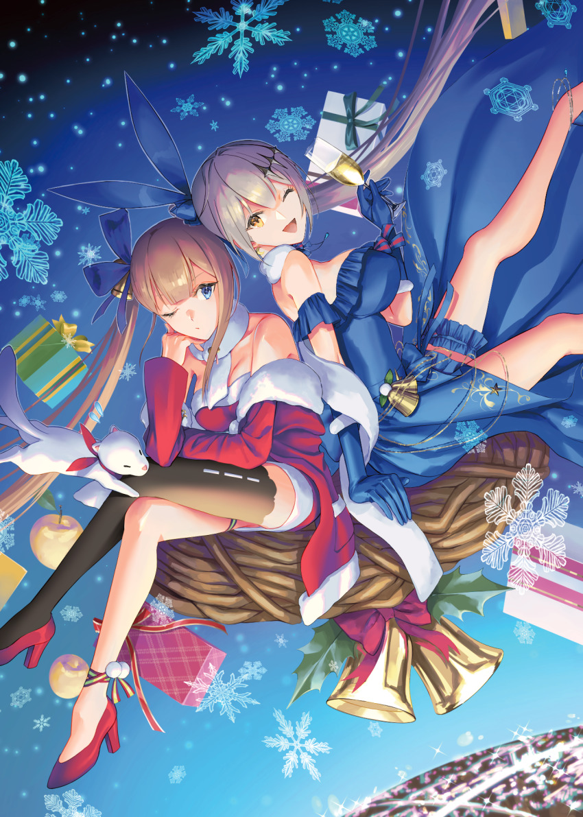 2girls, alcohol, alternate_costume, arm_support, back-to-back, bare_legs, bare_shoulders, bell