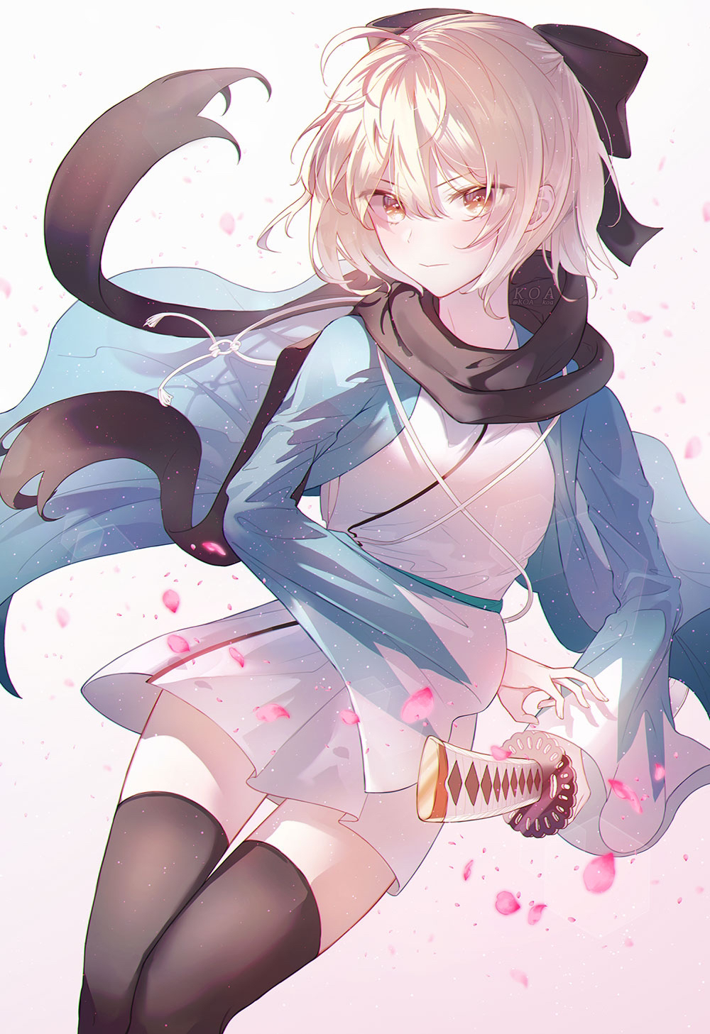 1girl, ahoge, artist_name, bad_id, bad_pixiv_id, black_bow, black_scarf, black_thighhighs