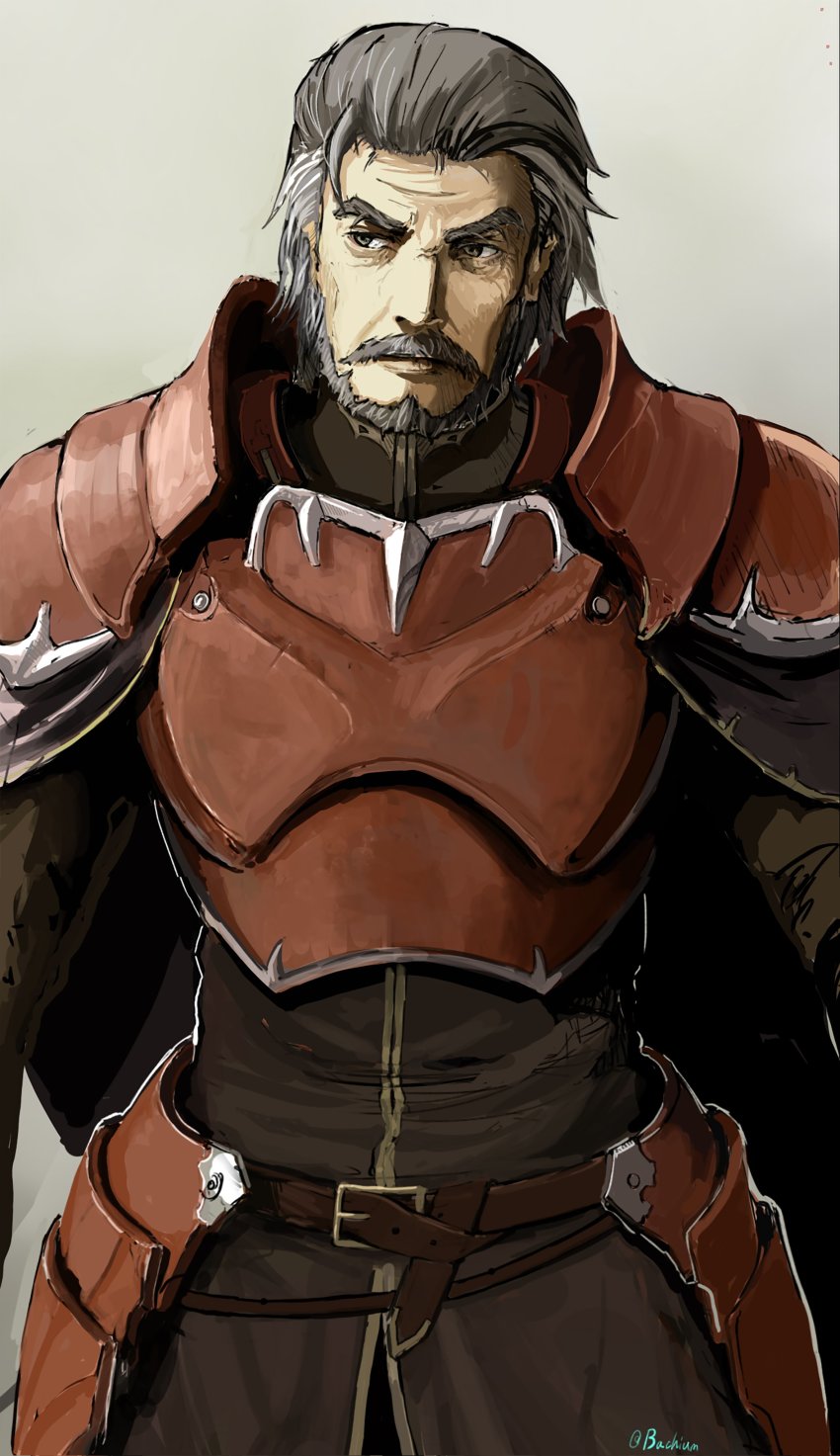 1boy, absurdres, armor, bachium, beard, belt, brown_belt, brown_shirt