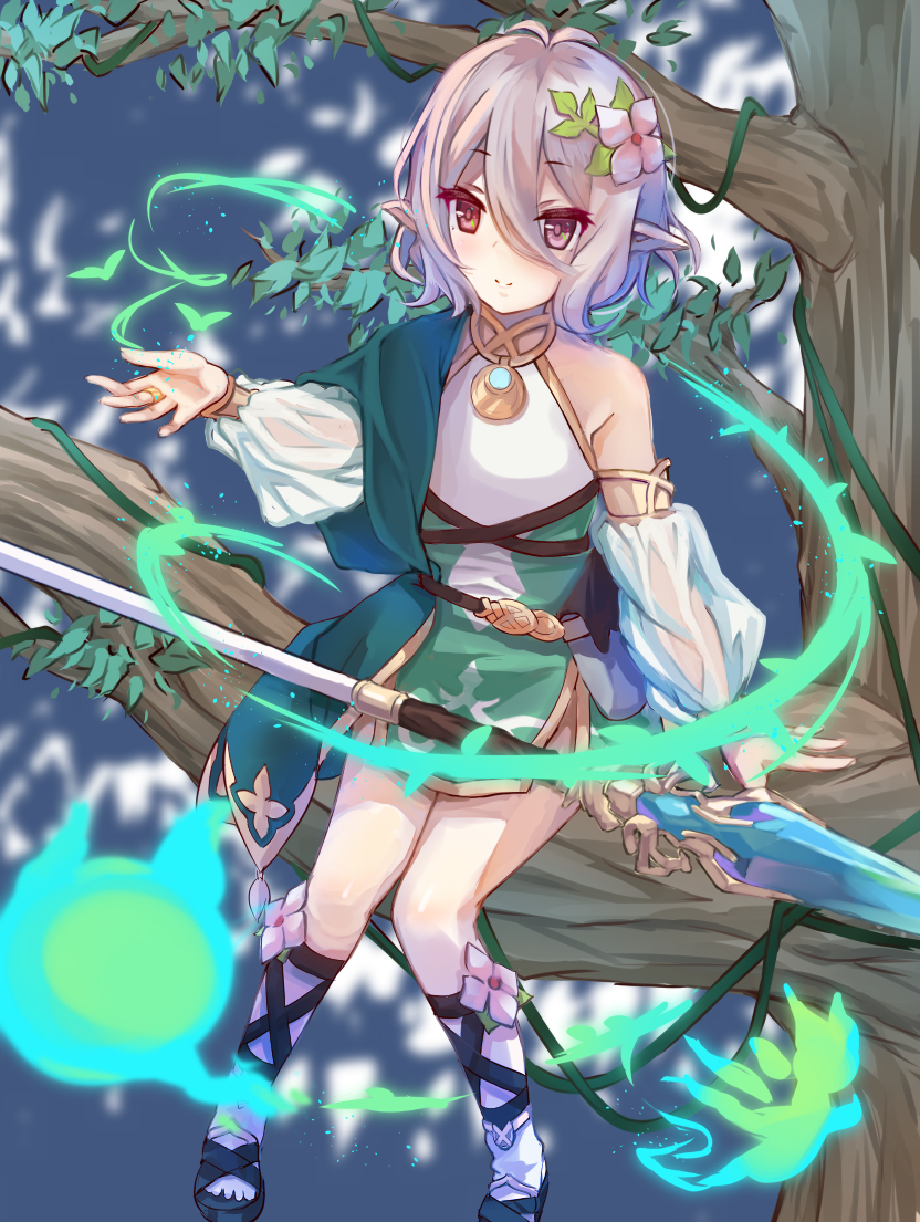 1girl, antenna_hair, bare_shoulders, black_footwear, blush, bridal_gauntlets, brown_eyes, closed_mouth