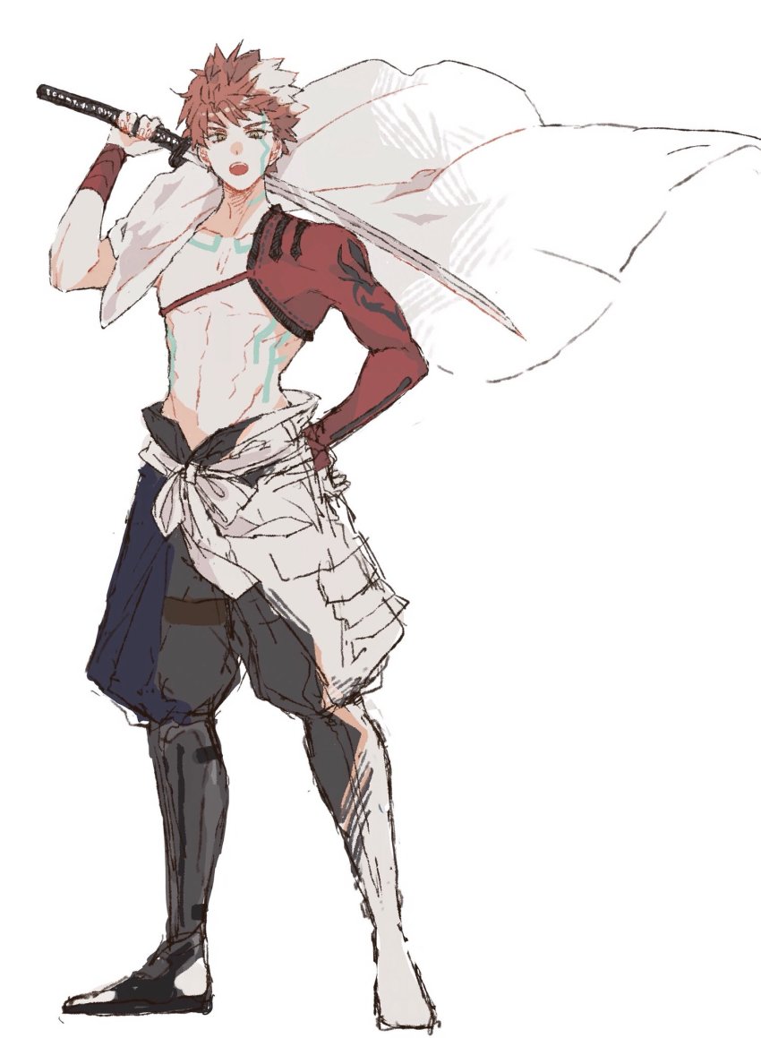 1boy, cape, emiya_shirou, fate/grand_order, fate_(series), full_body, hand_on_own_hip, highres