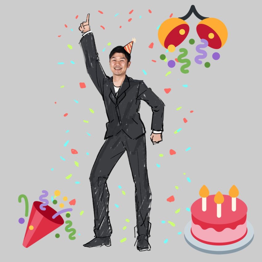 1boy, birthday_cake, black_hair, cake, candle, clenched_hand, commentary, confetti, confetti_ball, emoji, english_commentary, food, formal_clothes, grey_background, happy_birthday, hat, highres, hololive, looking_at_viewer, male_focus, ninomae_ina'nis_(artist), party_hat, photo_(medium), photo_inset, pointing, pointing_up, saturday_night_fever, simple_background, sketch, smile, solo, suit, yagoo