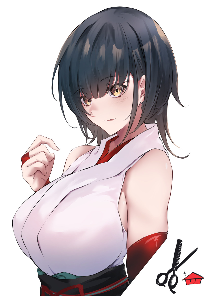1girl, absurdres, bare_shoulders, black_hair, breasts, detached_sleeves, hair_between_eyes, highres