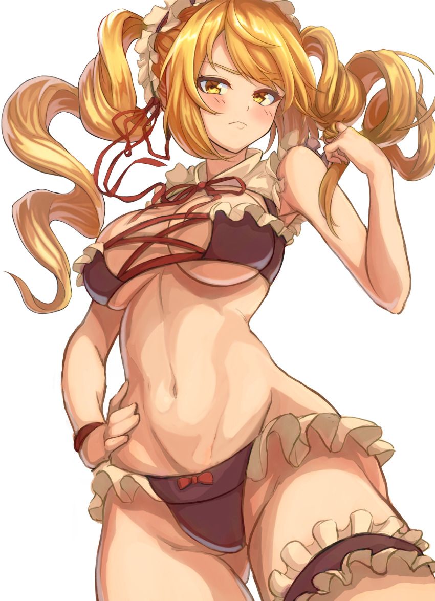 1girl, absurdres, aisha_(king's_raid), bare_shoulders, bikini, black_bikini, blonde_hair, blush, breasts, cleavage, commentary_request, cowboy_shot, detached_collar, drill_hair, frilled_bikini, frills, frown, groin, hand_on_own_hip, hand_up, highres, king's_raid, large_breasts, long_hair, looking_at_viewer, maid, maid_bikini, maid_headdress, marse_(rokudaime), midriff, navel, neck_ribbon, red_ribbon, ribbon, sidelocks, simple_background, solo, standing, swept_bangs, swimsuit, thigh_strap, twin_drills, unconventional_maid, underboob, white_background, wristband, yellow_eyes