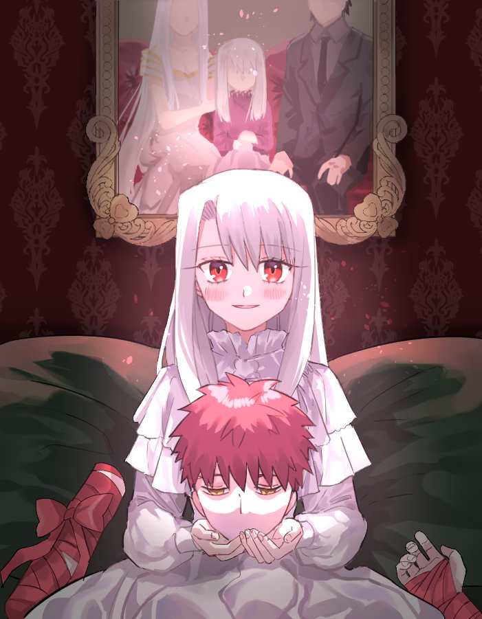 1girl, alternate_universe, appleale19, bad_end, bandaged_arm, bandages, disembodied_hand, dress, emiya_kiritsugu, emiya_shirou, fate/stay_night, fate/zero, fate_(series), holding_detached_head, illyasviel_von_einzbern, irisviel_von_einzbern, korean_commentary, looking_at_viewer, portrait_(object), red_eyes, red_hair, ribbon, severed_head, sitting, smile, upper_body, white_dress, white_hair, yellow_eyes