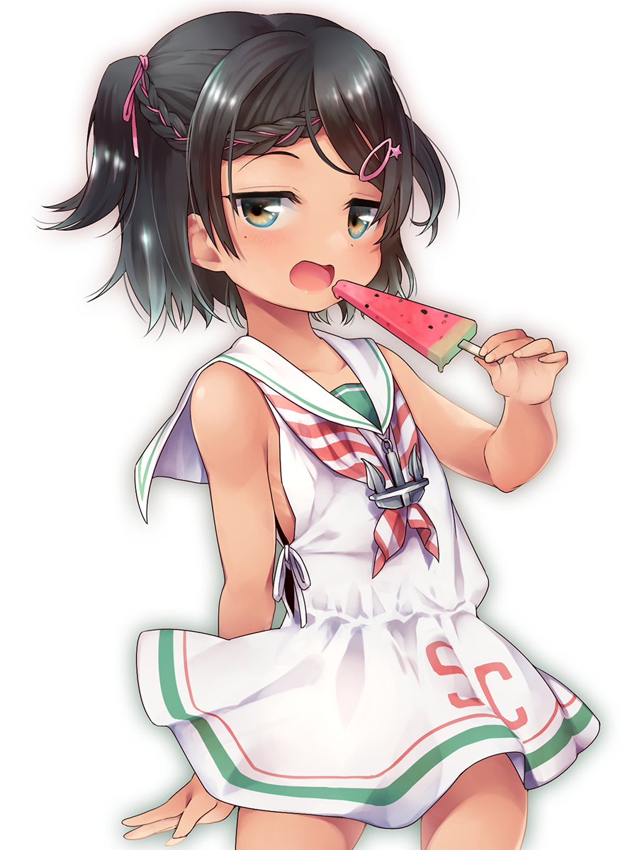 1girl, bare_arms, bare_shoulders, black_eyes, black_hair, blush, braid, commentary_request