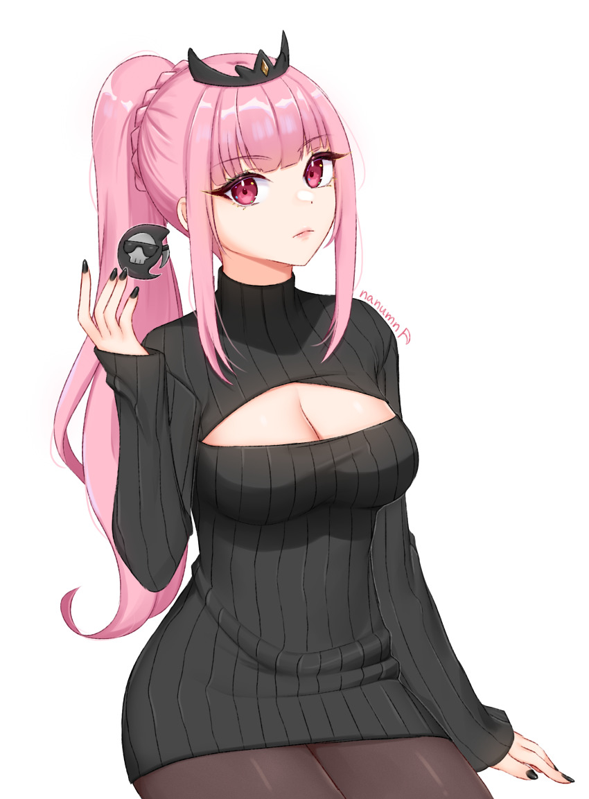 1girl, arm_at_side, artist_name, black_dress, black_sweater, blunt_bangs, breasts, brown_pantyhose, cleavage, cleavage_cutout, closed_mouth, clothing_cutout, commentary, dress, english_commentary, expressionless, floating, floating_object, hand_up, highres, hololive, hololive_english, long_hair, long_sleeves, looking_at_viewer, medium_breasts, mori_calliope, nail_polish, nanumn, open-chest_sweater, pantyhose, pink_hair, pink_lips, ponytail, red_eyes, sidelocks, sitting, sleeves_past_wrists, solo, sweater, sweater_dress, tiara, virtual_youtuber