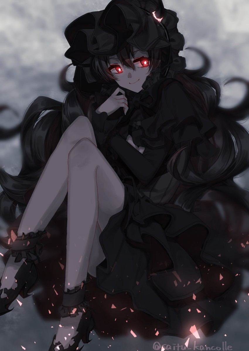 1girl, abyssal_ship, bad_id, bad_pixiv_id, black_dress, black_footwear, black_hair, black_headwear