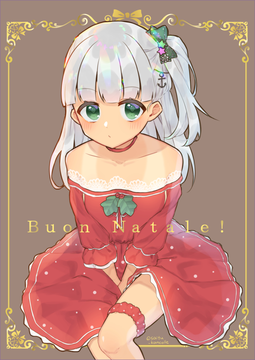 1girl, anchor_hair_ornament, bad_id, bad_pixiv_id, blunt_bangs, blush, christmas, dress