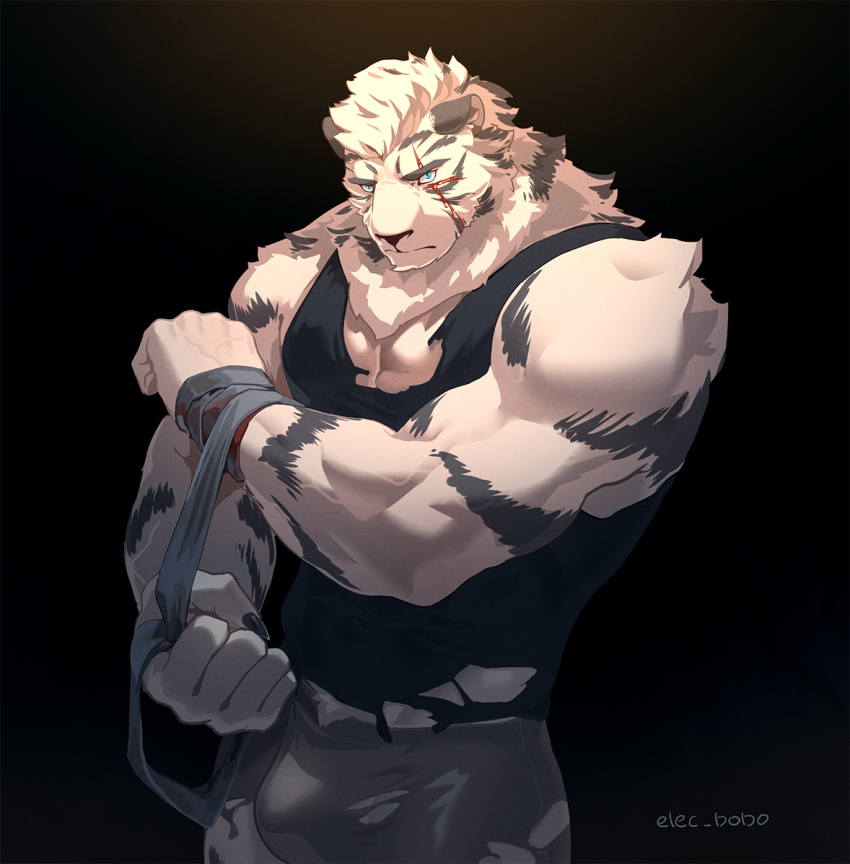 1boy, alternate_costume, animal_ears, applying_bandages, arknights, bara, bare_arms, bare_pectorals