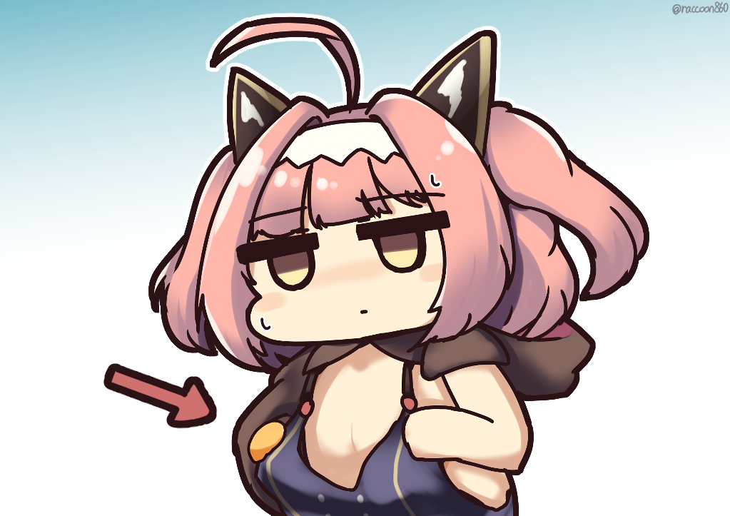 1girl, ahoge, arrow_(symbol), azur_lane, blue_background, blue_one-piece_swimsuit, chibi, flat_chest