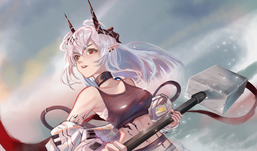 1girl, a_zhendechibuxiale, arknights, bare_shoulders, black_choker, breasts, chinese_commentary, choker, commentary_request, crop_top, hair_between_eyes, hammer, highres, holding, holding_hammer, holding_weapon, horns, infection_monitor_(arknights), long_hair, material_growth, medium_breasts, midriff, mudrock_(arknights), mudrock_(elite_ii)_(arknights), oripathy_lesion_(arknights), pointy_ears, red_eyes, sarashi, silver_hair, solo, sports_bra, stomach, upper_body, weapon