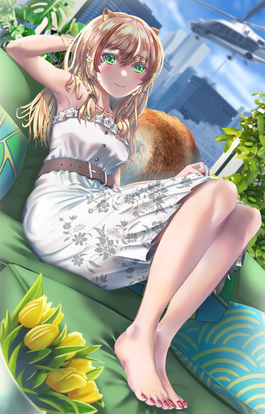 1girl, aircraft, animal_ears, arm_behind_head, armpits, ayunda_risu, bare_shoulders, barefoot