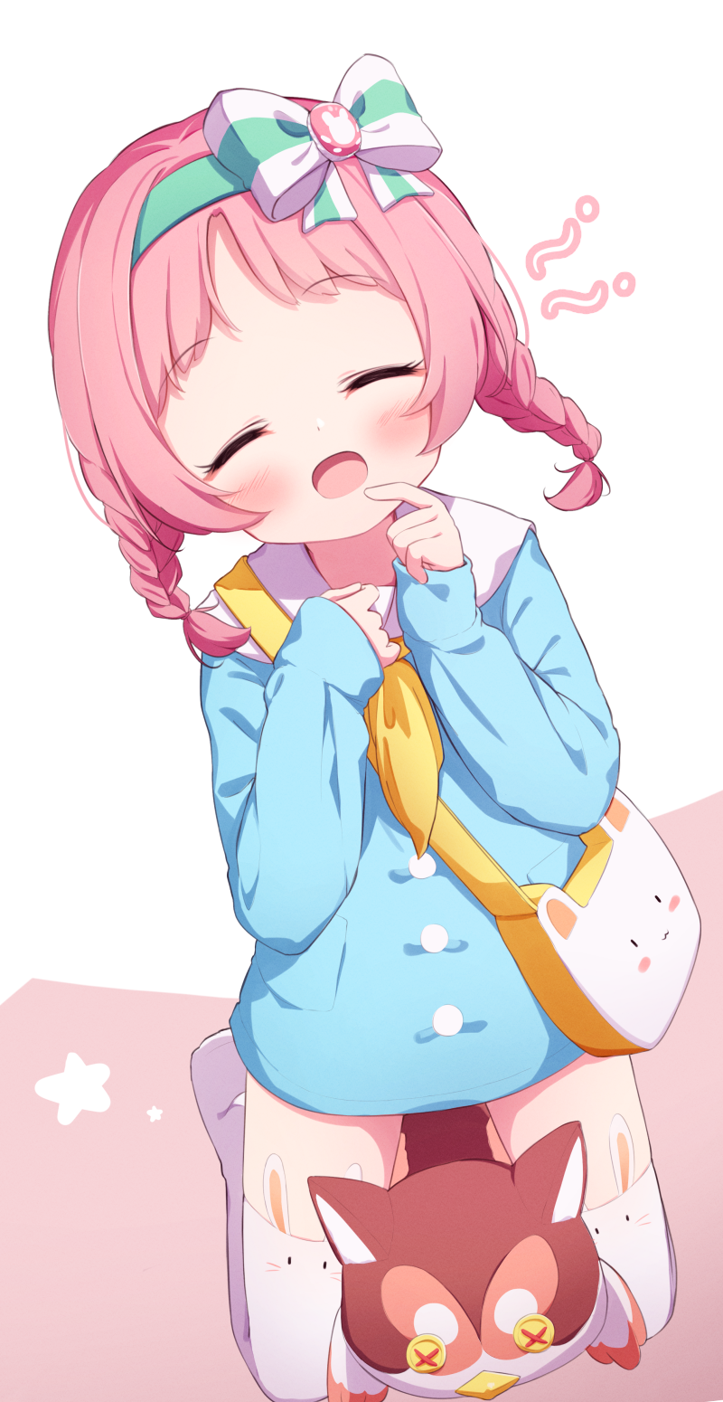 1girl, :d, :o, ?, animal_ear_legwear, bag, blue_shirt, blush