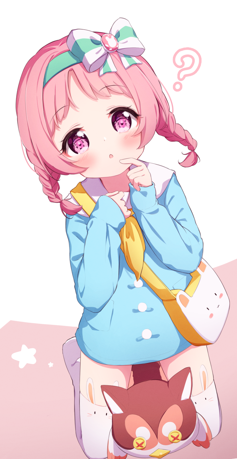 1girl, :o, ?, animal_ear_legwear, bag, blue_shirt, blush, braid, brown_background, button_eyes, buttons, collared_shirt, green_hairband, hairband, hands_up, highres, kindergarten_uniform, long_hair, long_sleeves, mimi_(princess_connect!), mimi_(real)_(princess_connect!), neckerchief, no_shoes, parted_lips, pink_hair, princess_connect!, purple_eyes, rabbit_ear_legwear, setmen, shirt, shoulder_bag, sleeves_past_wrists, solo, stuffed_animal, stuffed_owl, stuffed_toy, thighhighs, twin_braids, two-tone_background, white_background, white_thighhighs, yellow_neckerchief