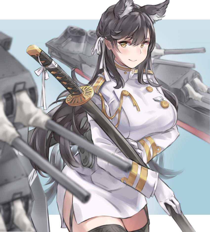 absurdres, animal_ears, atago_(azur_lane), azur_lane, black_hair, black_thighhighs, blue_background, bow