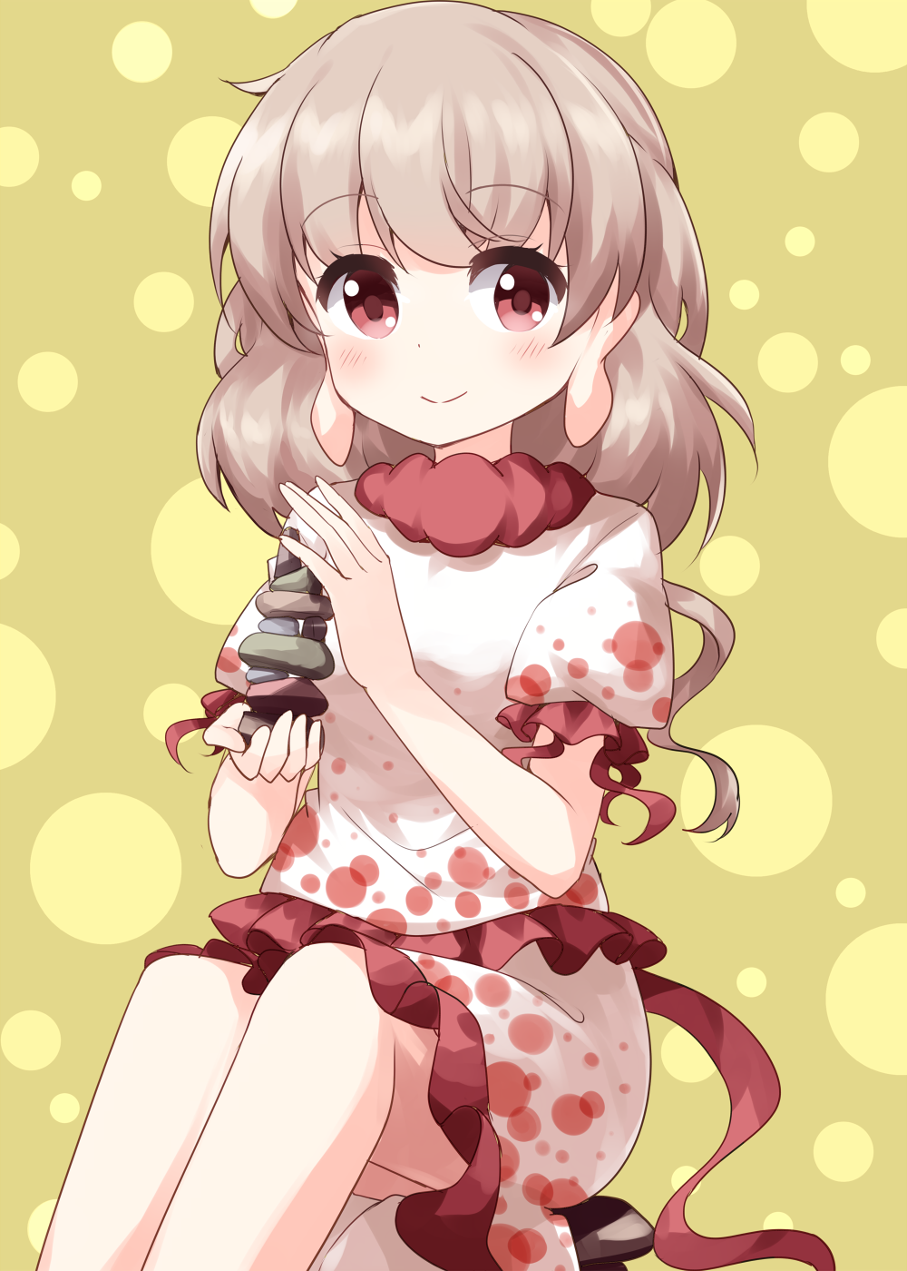 1girl, closed_mouth, dotted_background, earlobes, ebisu_eika, grey_hair, highres, holding