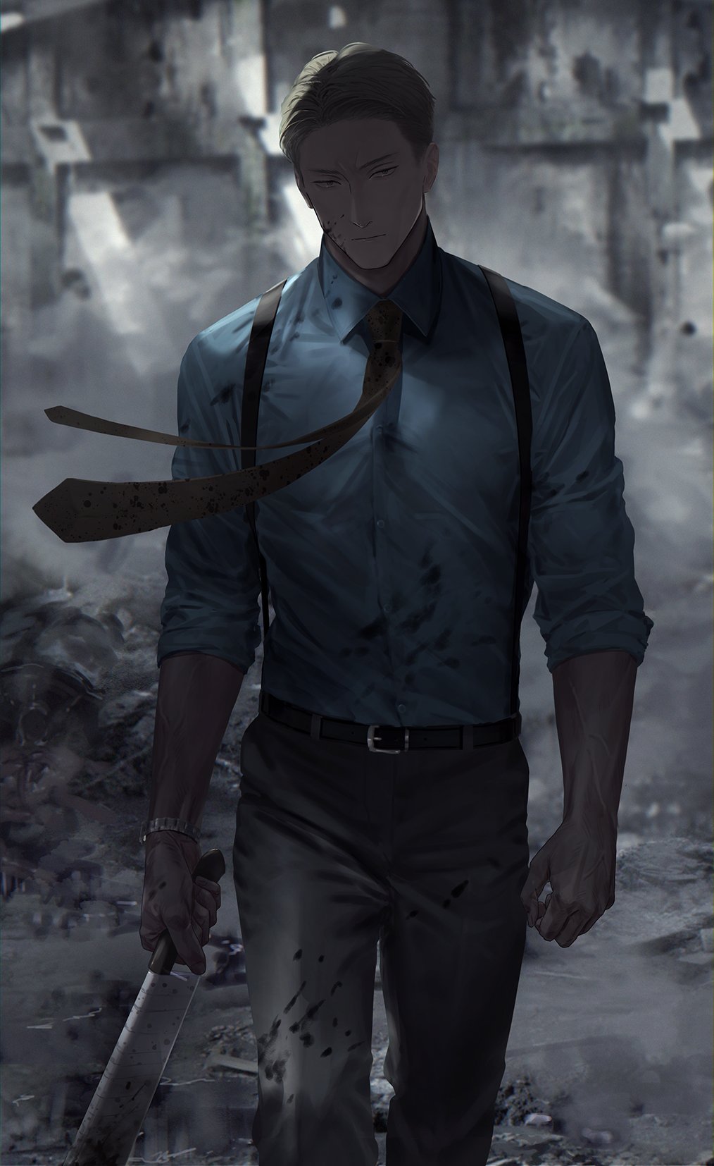 1boy, bad_id, bad_twitter_id, belt, black_belt, blood, blood_on_clothes, blood_on_face