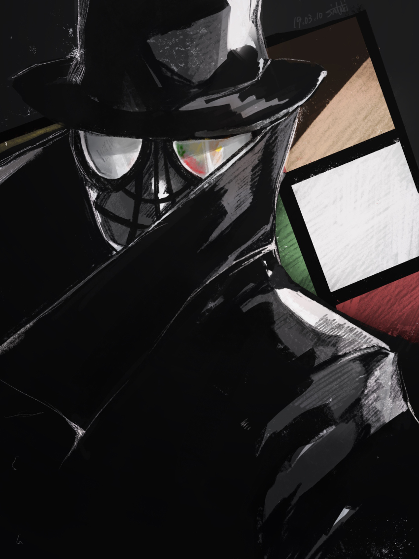 1boy, black_background, coat, fedora, goggles, hat, head_only, highres