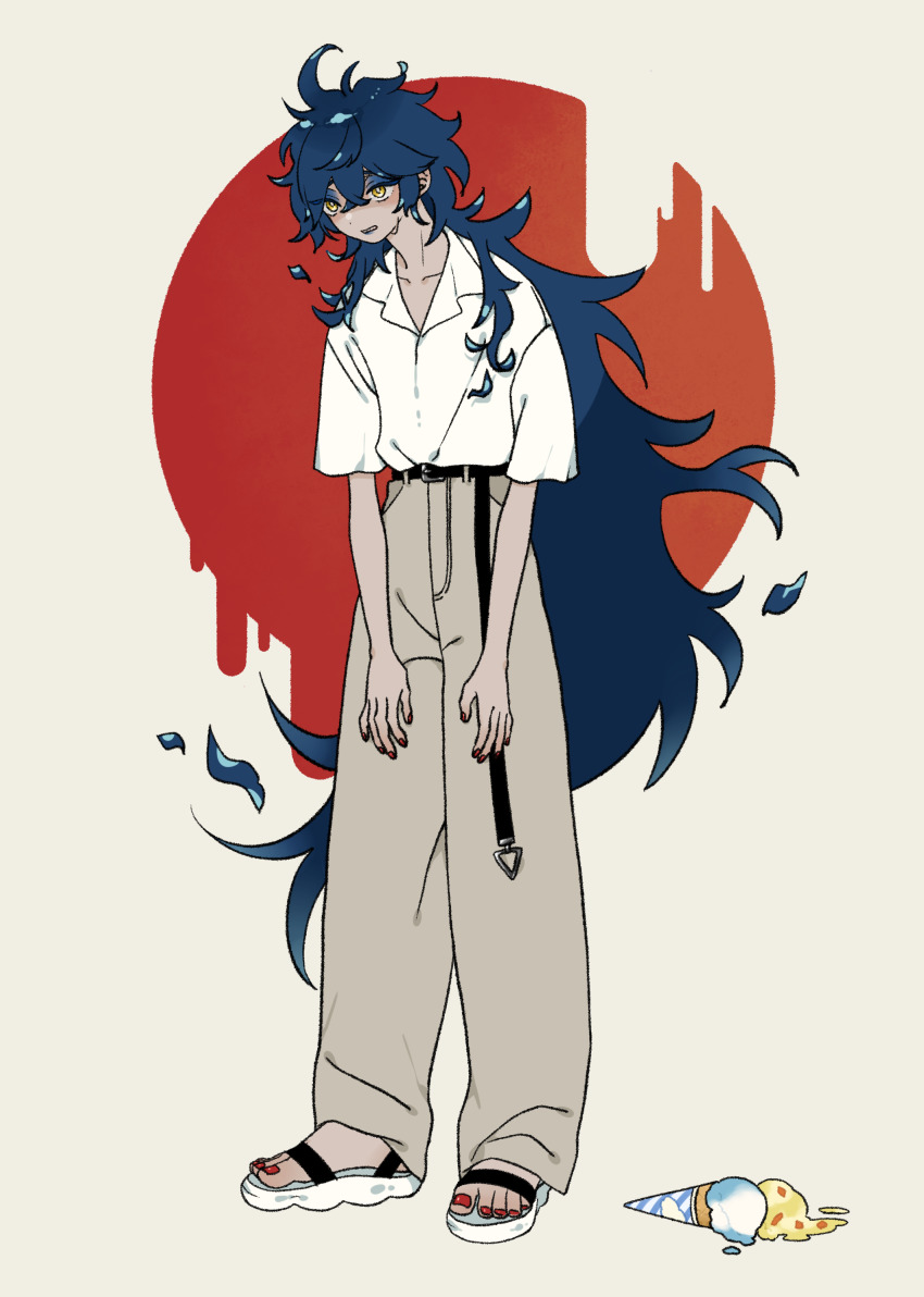 1boy, absurdres, belt, blue_eyeshadow, blue_hair, blue_menouu, circle, collared_shirt, dripping, eyeshadow, food, hair_between_eyes, highres, ice_cream, idia_shroud, long_hair, makeup, male_focus, nail_polish, pants, red_nails, sandals, shirt, shirt_tucked_in, short_sleeves, solo, tan_background, torn_clothes, torn_pants, twisted_wonderland, very_long_hair, white_shirt, yellow_eyes