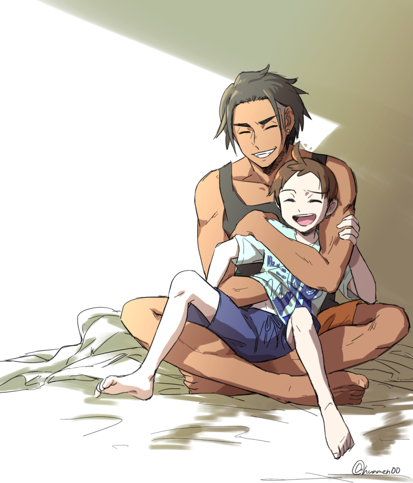 2boys, age_difference, barefoot, black_tank_top, brown_hair, closed_eyes, commentary_request, dark-skinned_male, dark_skin, earrings, hand_under_clothes, hand_under_shirt, highres, hungry_seishin, indian_style, jewelry, knees, male_focus, multiple_boys, nintendo, open_mouth, pokemon, pokemon_sword_and_shield, raihan_(pokemon), shirt, short_sleeves, shorts, signature, sitting, sketch, smile, t-shirt, tank_top, teeth, toenails, toes, tongue, victor_(pokemon)