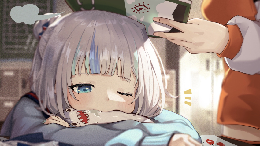 2girls, alternate_costume, alternate_hairstyle, bloop_(gawr_gura), blue_eyes, blue_nails, blurry, blurry_background, book, book_attack, book_on_head, breasts, cardigan, chalkboard, classroom, day, depth_of_field, fingernails, gawr_gura, hair_ornament, highres, holding, holding_book, hololive, hololive_english, medium_breasts, multicolored_hair, multiple_girls, nail_polish, nibbling, object_on_head, paper, ponytail, sailor_collar, saliva, sanada_keisui, school, school_uniform, shark_hair_ornament, sleepy, streaked_hair, takanashi_kiara, texture, virtual_youtuber, waking_up, white_hair