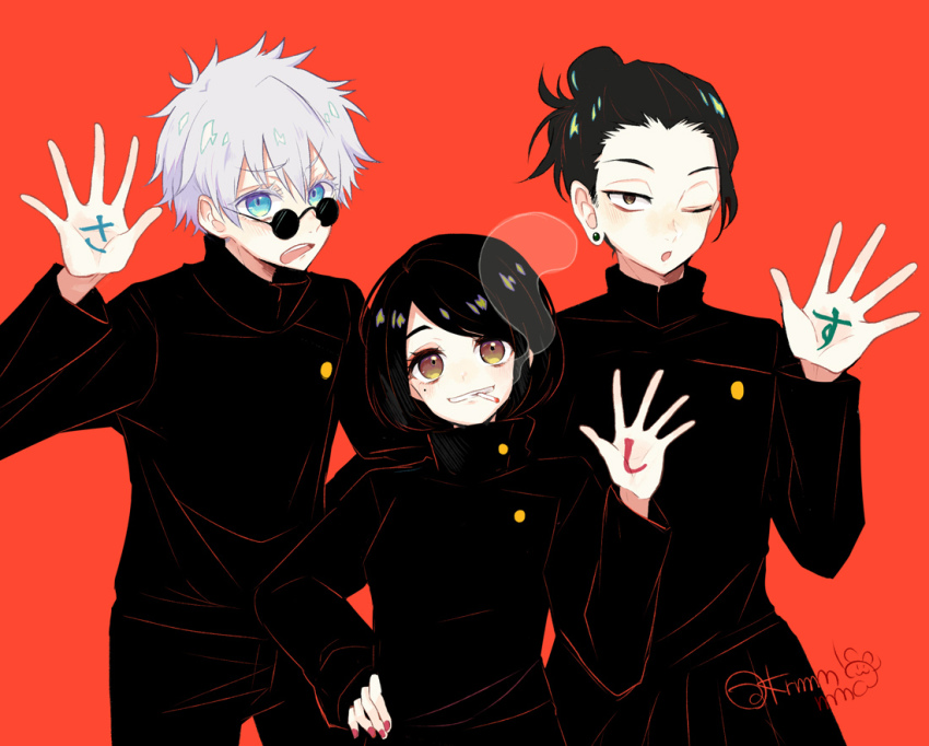 1girl, 2boys, basara_masa, black_eyes, black_hair, black_jacket, black_pants, blue_eyes