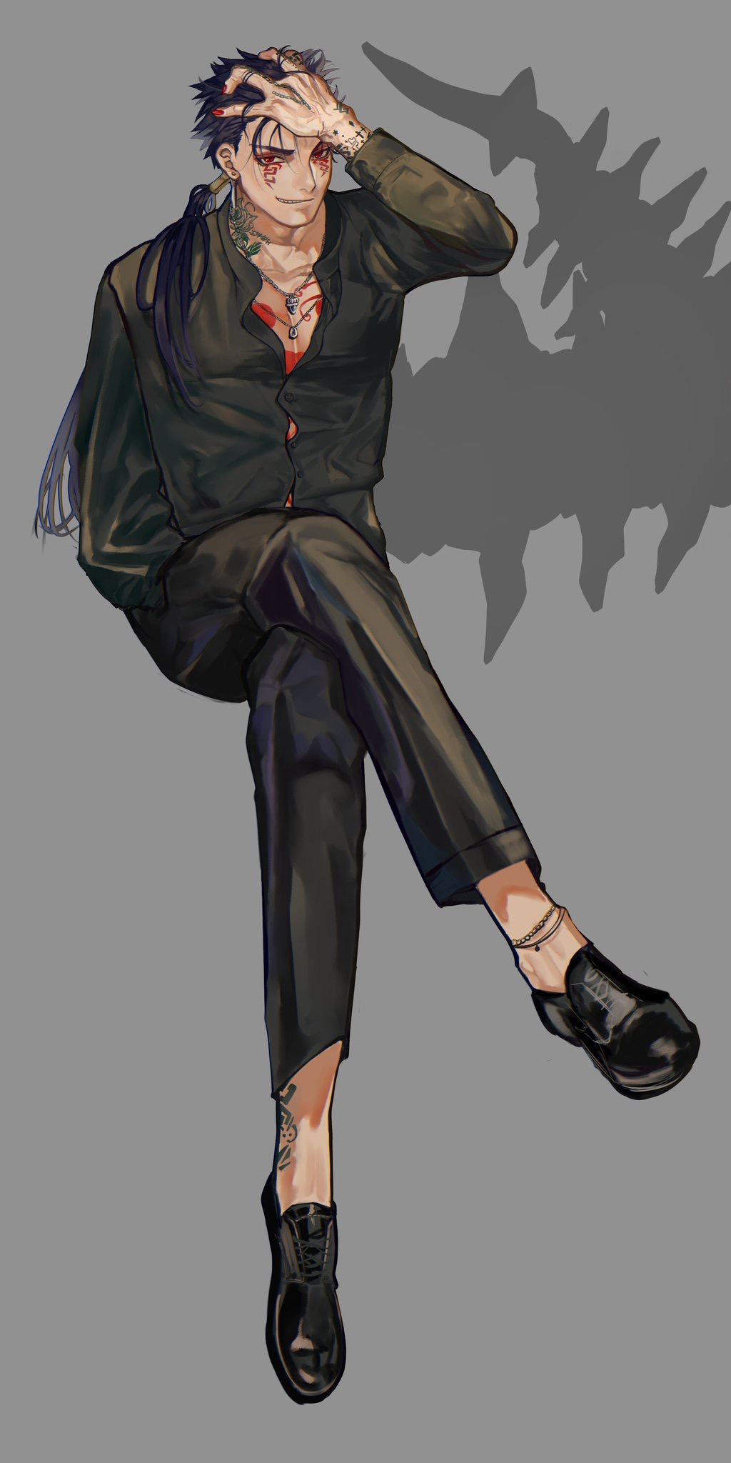 1boy, alternate_costume, anklet, beads, blue_hair, bodypaint, buttons, closed_mouth