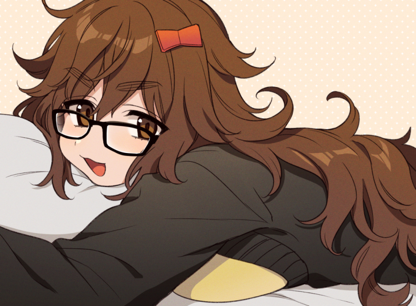 1girl, :d, bed_sheet, black-framed_eyewear, black_jacket, bow, breasts, brown_background