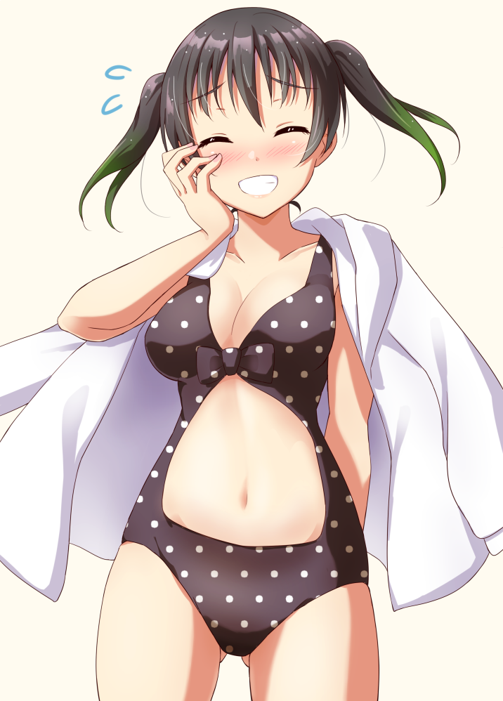 1girl, black_hair, black_one-piece_swimsuit, breasts, casual_one-piece_swimsuit, cleavage, closed_eyes, clothing_cutout, commentary_request, gradient_hair, green_hair, grin, hand_on_own_face, jacket, jacket_on_shoulders, long_hair, love_live!, love_live!_nijigasaki_high_school_idol_club, medium_breasts, multicolored_hair, navel_cutout, one-piece_swimsuit, qy73, simple_background, smile, solo, swimsuit, takasaki_yu, takasaki_yu_(swimsuit), twintails, two-tone_hair, white_background, white_jacket