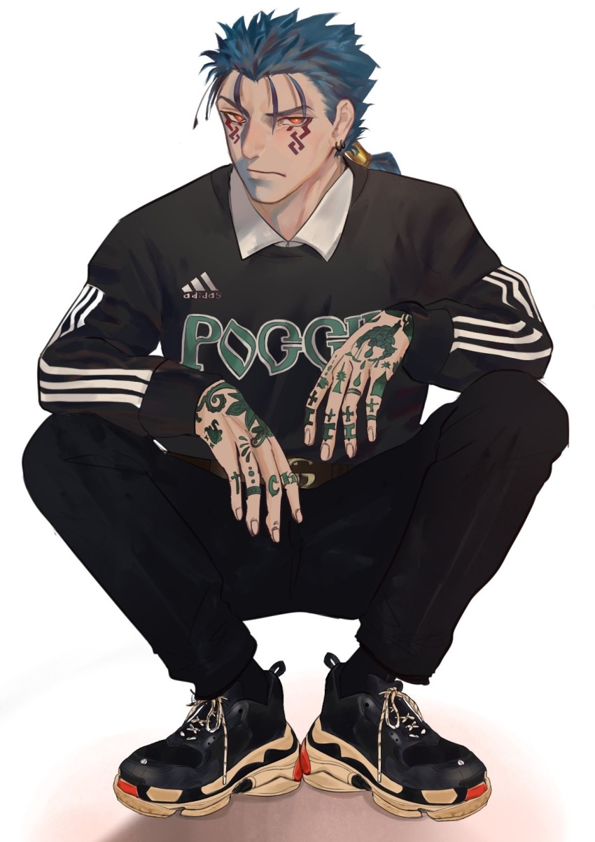 1boy, alternate_costume, angry, beads, blue_hair, bright_pupils, closed_mouth, collared_shirt, cu_chulainn_(fate), cu_chulainn_alter_(fate), cu_chulainn_alter_(fate/grand_order), dark_blue_hair, dark_persona, earrings, facepaint, fate/grand_order, fate_(series), finger_tattoo, frown, full_body, geepiiiii, hair_beads, hair_ornament, hand_tattoo, highres, jersey, jewelry, long_hair, looking_at_viewer, male_focus, pants, ponytail, red_eyes, shirt, shoes, simple_background, sneakers, soccer_uniform, solo, spiked_hair, sportswear, spread_legs, squatting, tattoo, type-moon, white_background, white_pupils
