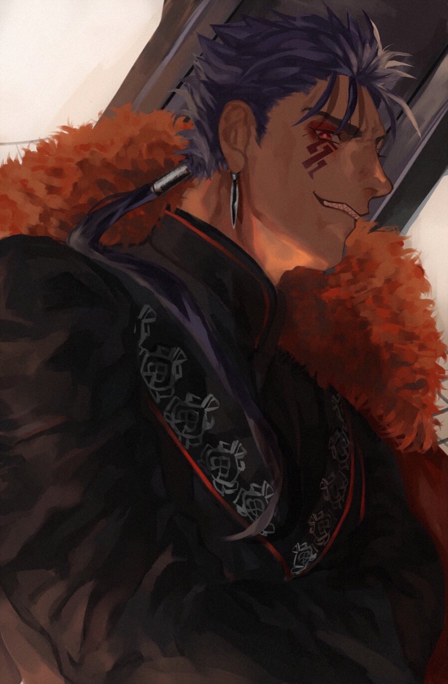 1boy, alternate_costume, beads, blue_hair, closed_mouth, collared_shirt, cu_chulainn_(fate), cu_chulainn_alter_(fate)