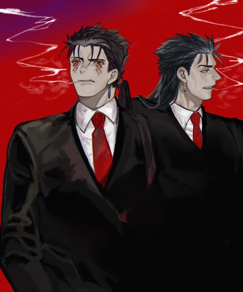 2boys, alternate_costume, angry, beads, blue_hair, collared_shirt, cu_chulainn_(caster)_(fate), cu_chulainn_(fate)