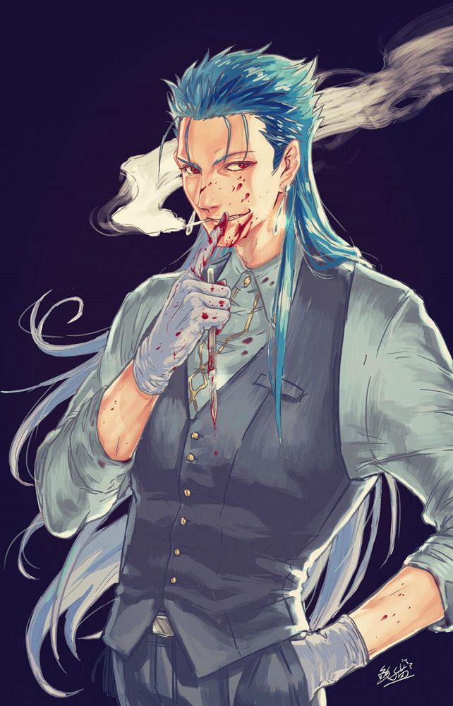 1boy, blood, blood_on_face, blood_on_hands, blue_hair, cigarette, closed_mouth, collared_shirt