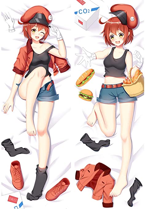 3803, ae-3803, cell, cells_at_work, dakimakura_(medium), embarrassed, feet, gloves, hataraku_saibou, red_blood_cell_(hataraku_saibou), red_hair, short_hair, yellow_eyes