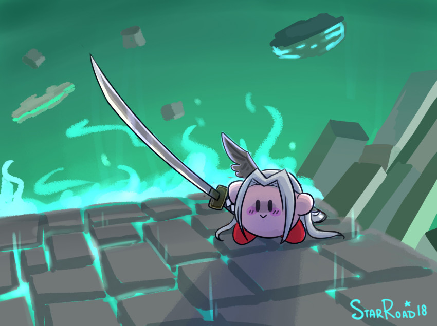 1boy, :>, aqua_background, artist_name, black_eyes, blush_stickers, closed_mouth, commentary, cosplay, english_commentary, final_fantasy, final_fantasy_vii, fire, glowing, hair_intakes, highres, holding, holding_sword, holding_weapon, kirby, kirby_(series), long_hair, masamune_(ff7), meme, nintendo, parted_bangs, sephiroth, sephiroth_(cosplay), silver_hair, single_wing, solid_oval_eyes, star_(symbol), starroad, stone_floor, super_smash_bros., sword, weapon, wings