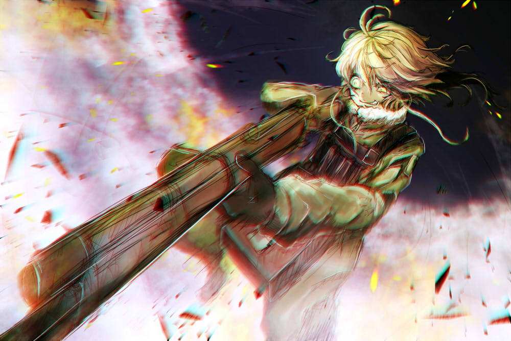 1girl, ahoge, black_gloves, black_vest, blonde_hair, blurry, blurry_background, boots, chromatic_aberration, commentary, crazy_eyes, crazy_smile, denpa_rasaito, foot_out_of_frame, fur_trim, gloves, green_jacket, green_pants, grin, gun, hair_between_eyes, holding, holding_gun, holding_weapon, jacket, military, military_uniform, pants, rifle, short_hair, smile, solo, tanya_degurechaff, vest, weapon, yellow_eyes, youjo_senki, zipper_pull_tab