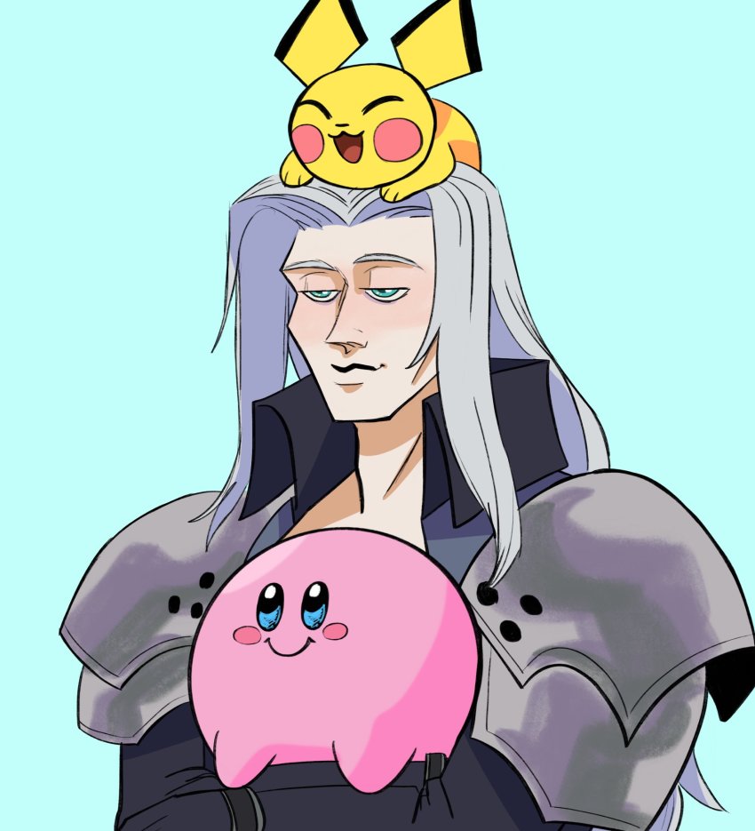 2boys, :3, :d, ^_^, aqua_background, aqua_eyes, armor, blue_eyes, blush_stickers, closed_eyes, closed_mouth, colored_skin, commentary, english_commentary, final_fantasy, final_fantasy_vii, gen_2_pokemon, half-closed_eyes, highres, kirby, kirby_(series), lins_(faemothra), long_hair, looking_ahead, male_focus, multiple_boys, nintendo, open_mouth, pichu, pink_skin, pokemon, pokemon_(creature), sephiroth, shoulder_armor, silver_hair, simple_background, smile, smirk, solid_oval_eyes, square_enix, super_smash_bros., upper_body, very_long_hair