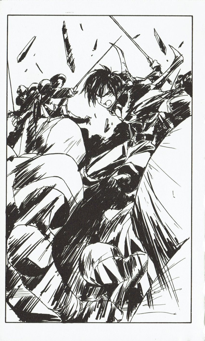 1990s_(style), armor, battle, duel, fighting, highres, ink, knight_armor