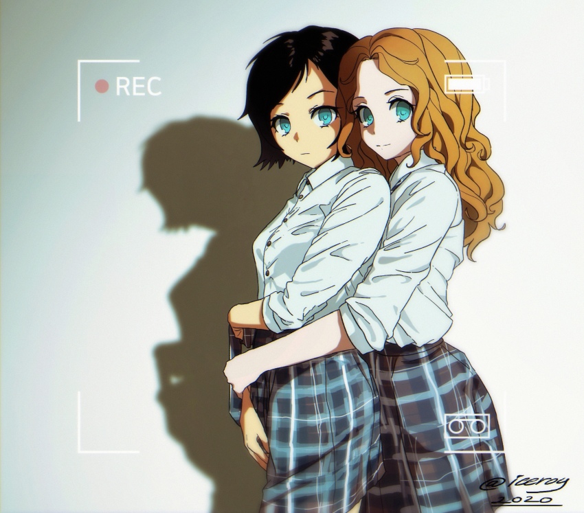 2girls, animification, black_hair, blue_eyes, breasts, brown_hair, check_commentary, closed_mouth, commentary_request, cowboy_shot, elena_sergeevna_katina, highres, hug, hug_from_behind, iceroy, looking_at_viewer, multiple_girls, plaid_clothes, plaid_skirt, russian_commentary, shirt, short_hair, simple_background, skirt, tatu, viewfinder, white_background, white_shirt, yulia_olegovna_volkova, yuri