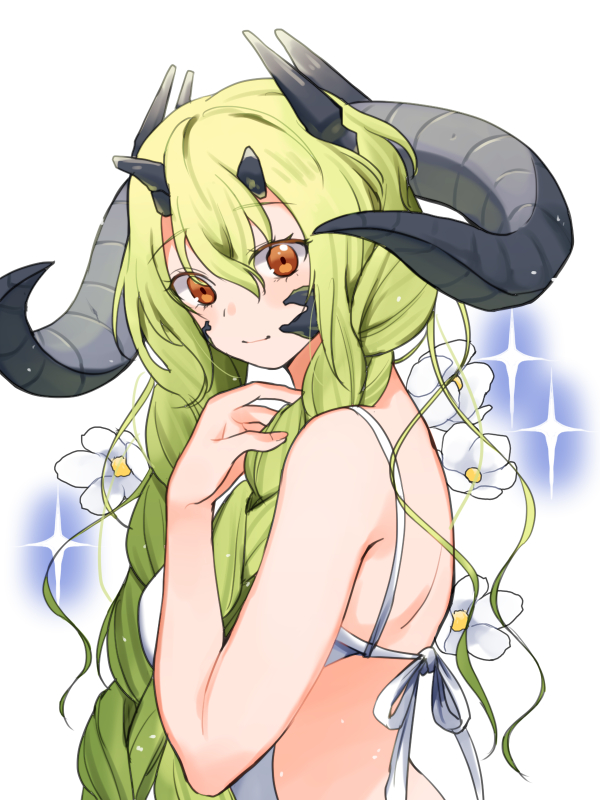 1girl, arknights, big_horns, breasts, brown_eyes, crocodilian, estelle_(arknights), flower, green_hair, horns, long_hair, looking_at_viewer, material_growth, oripathy_lesion_(arknights), pointy_ears, simple_background, smile, solo, teiuyou, very_long_hair