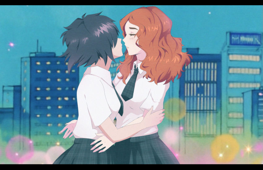 2girls, absurdres, blush, breasts, city_lights, cityscape, commentary, cowboy_shot